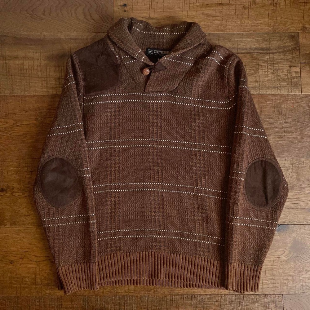 Stacy Adams Sweater Womens M Brown Preppy Academia Leather Elbow Patches Toggle